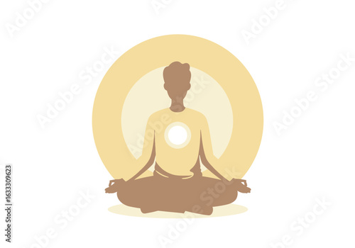 Silhouette of person meditating in lotus pose surrounded by two glowing circles