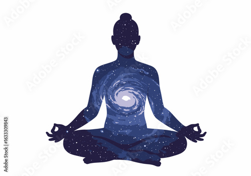 Silhouette of person in lotus pose filled with a swirling galaxy
