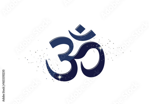 The image shows a stylized blue shadowed Om symbol with stars inside on a white background surrounded by grey dots