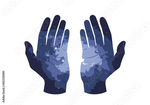 Two raised hands with blue  white galaxy pattern against a white background