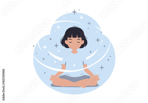 Woman in lotus position surrounded by stylized light and stars