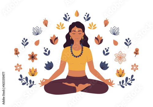 Woman in lotus position surrounded by stylized floral elements