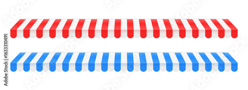 Striped shop tent design set. Store window awning collection. Cafe or restaurant roof canopy pack. Red and blue stall market place shed cover. Repeating stripe sunshade design. Vector
