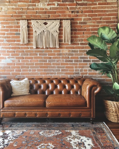 Rustic, cozy room with leather couch and woven wall art