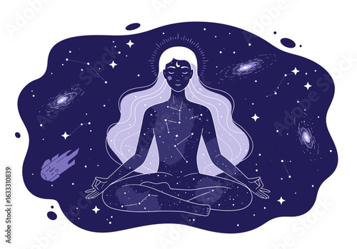 Woman meditating body filled with stars surrounded by a cosmic background