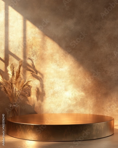 Golden pedestal in sunlit room with pampas grass