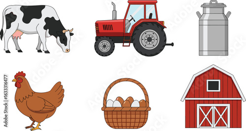 Farm animals and equipment illustration
