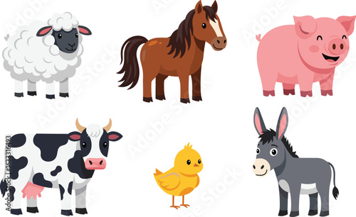 Farm Animals Collection: Sheep, Horse, Pig, Cow, Chick, Donkey