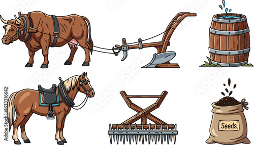 Farm Animals and Tools: Horse, Ox, Plow, Seeds, Barrel, Harrow