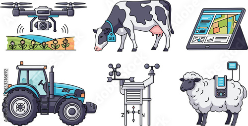 Smart Farming Technology: Drone, Tractor, Cow, Sheep, Tablet, Weather Station