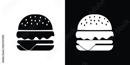 Burger icon vector set | fast food symbol collection with cheeseburger and hamburger silhouette illustrations.