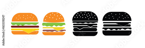 Burger icon vector set | fast food symbol collection with cheeseburger and hamburger silhouette illustrations.