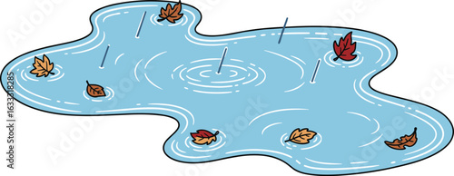 Autumn Puddle with Falling Leaves and Raindrops