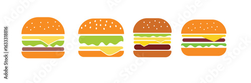 Burger icon vector set | fast food symbol collection with cheeseburger and hamburger silhouette illustrations