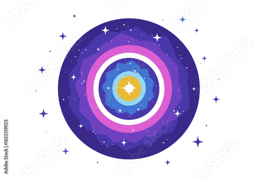 A circular celestial pattern with colorful rings and scattered stars