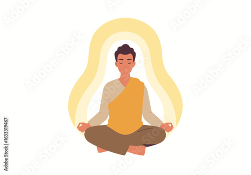 A person is meditating with closed eyes legs crossed with a yellow aura