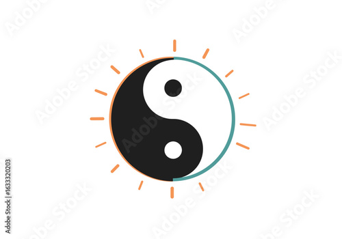 A yin yang symbol with a split color circle and short orange lines emanating from it on a white background