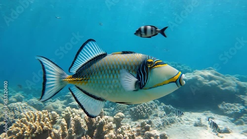 Triggerfish with striking patterns, swimming near a reef, tropical underwater scene, small fish darting around, dynamic composition
