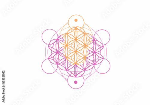 Geometric design featuring nested spheres with interlocking flowerlike patterns in pink and orange hues