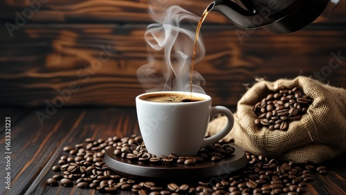 Hot Steaming Coffee Pouring into a White Cup on a Wooden Coaster with Scattered Roasted Beans and a Burlap Sack on a Dark Wooden Table.