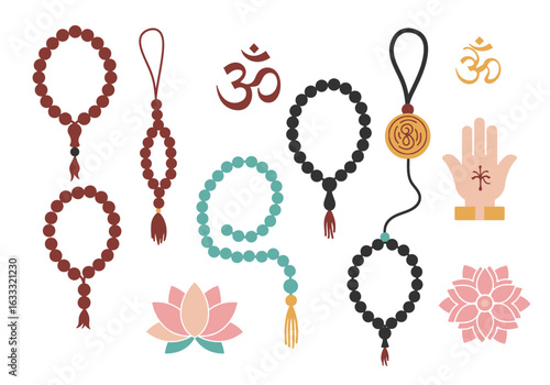 Illustration of malas lotus flowers and Om symbols