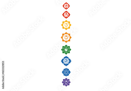 Seven colorful ornate florallike chakra symbols are vertically stacked on a white background