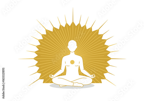 Seated person in meditation pose emanating radial golden beams from behind