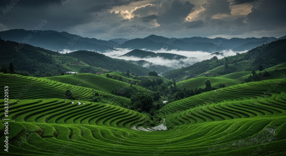 Fototapeta premium Lush rice terraces cascade down emerald hills beneath a dramatic cloudscape in rural Asia