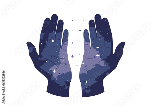 Two open hands filled with stars and cosmic nebulas against a white background