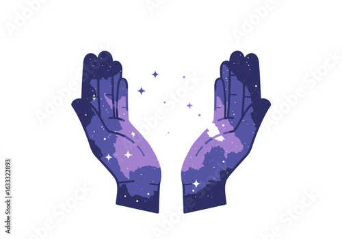 Two open hands filled with purple space  stars as if holding the universe