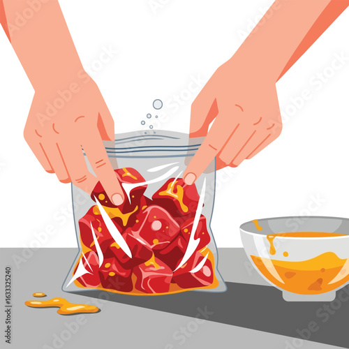 Marinating Meat Cubes in Plastic Bag with Marinade Illustration