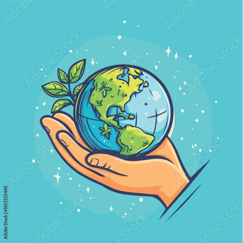 Hand holding Earth Globe. Earth Day. The concept of sustainable development for business, ecology and environment protection. Flat vector illustration