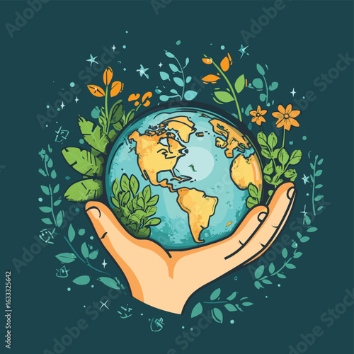Hand holding Earth Globe. Earth Day. The concept of sustainable development for business, ecology and environment protection. Flat vector illustration