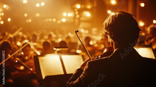 Orchestral performance in a dimly lit hall