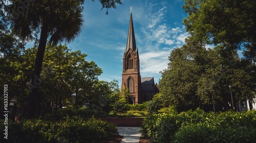 Serene view of a historical church steeple framed by lush greenery and clear sky