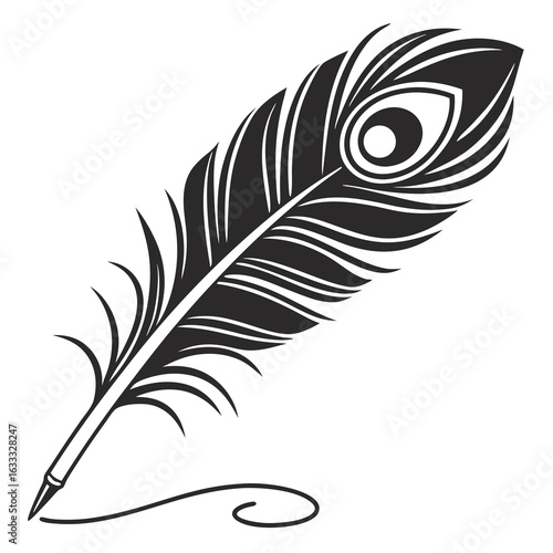 A black and white illustration of a peacock feather quill pen writing a flourish.