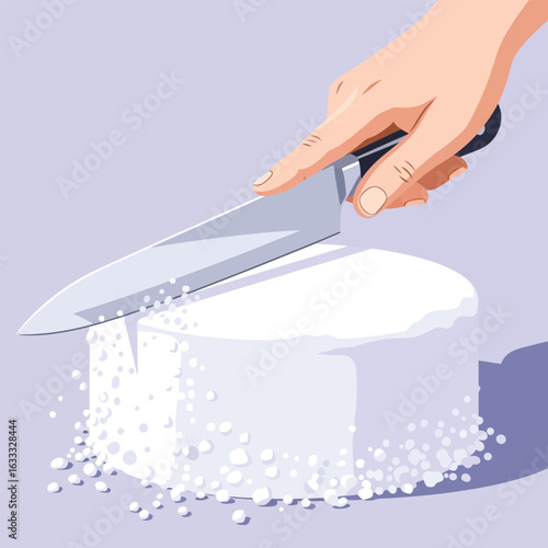 Cutting White Cake with Stainless Steel Knife, Food Preparation Graphic