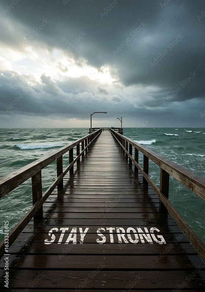 Obraz premium 波立つ海と続く木道、希望の光