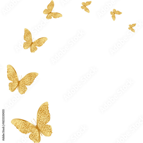 Several golden, glittery butterflies flying on a black background.