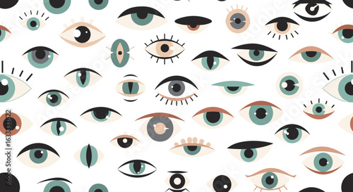 An abstract pattern of various eyes and pupils in different styles and colors arranged randomly