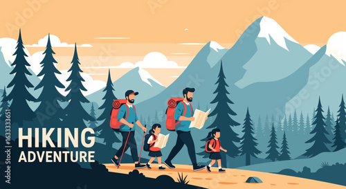 Family enjoying a scenic mountain hiking adventure with backpacks and maps