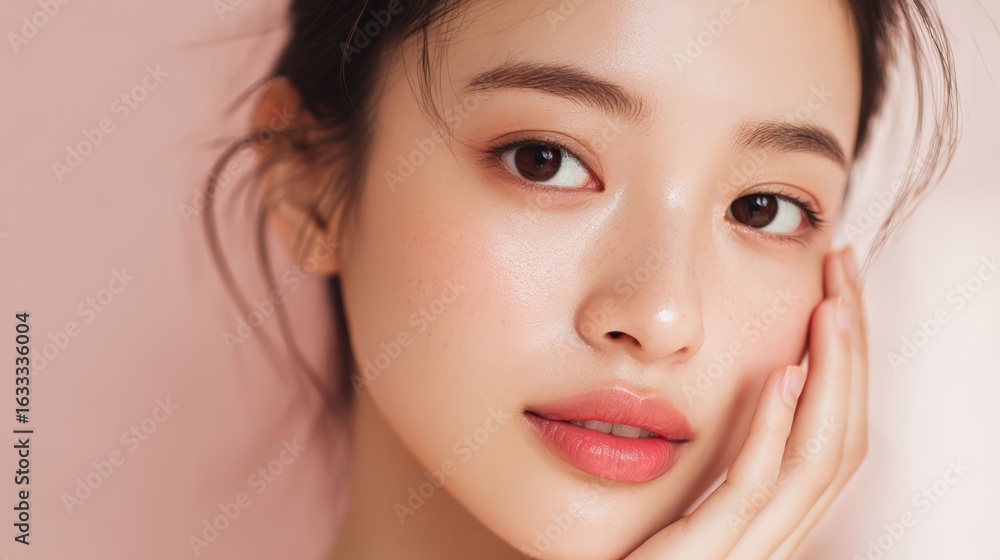 Obraz premium a beautiful woman with a radiant complexion gazes softly towards the camera. Her expression is warm and inviting