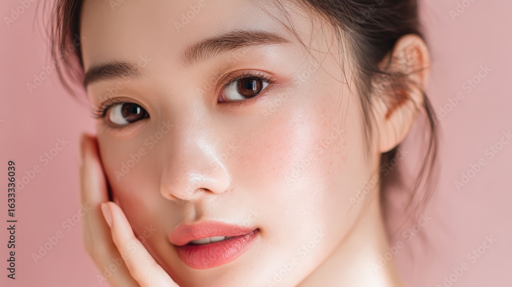 Fototapeta premium a portrait of a beautiful asian woman with flawless skin, gentle touch on her face