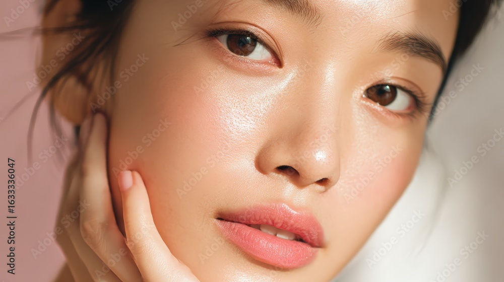Obraz premium A stunning close-up portrait of a young woman. Her eyes hold a captivating depth, and her skin radiates a natural glow. A soft light gently caresses her features