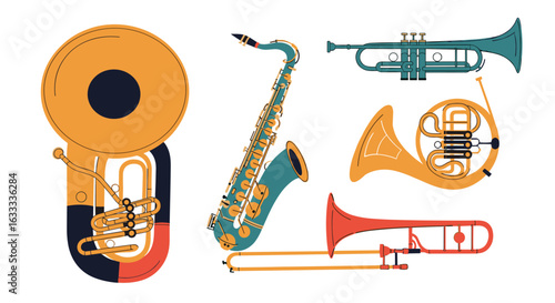 A collection of brass and woodwind instruments commonly found in orchestras and jazz ensembles showcasing their distinctive shapes and designs
