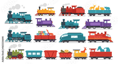 Collection of diverse vintage and modern locomotives transporting various goods and animals across the tracks