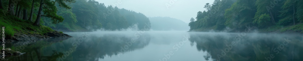 Fototapeta premium Misty lake, rain on still water, wooded shore, brown, lake photography, water
