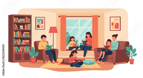 Cozy family reading session enjoying books together in a warm living room environment