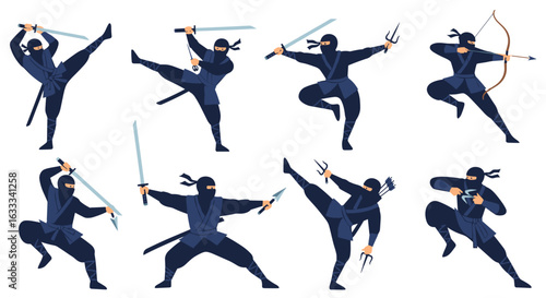 Dynamic martial arts warriors performing action poses with traditional weapons and combat gear