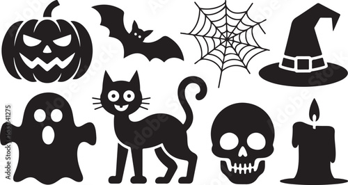 Collection of classic Halloween icon silhouettes. Vector set with pumpkin, bat, ghost, cat, skull, and witch hat.